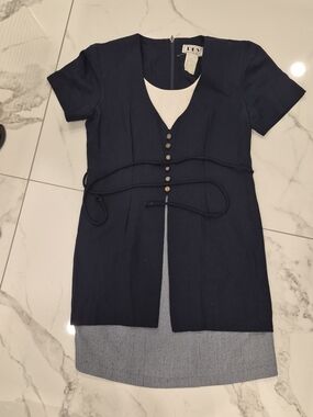 Vintage DBY Navy Short Sleeve Tunic Dress with Cream Neck Inset